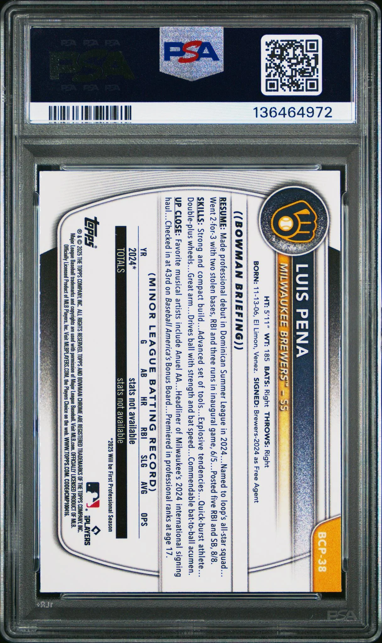 2025 Bowman Bowman Lava Refractor Luis Pena #BCP-38 /399 PSA 9 - Image 2