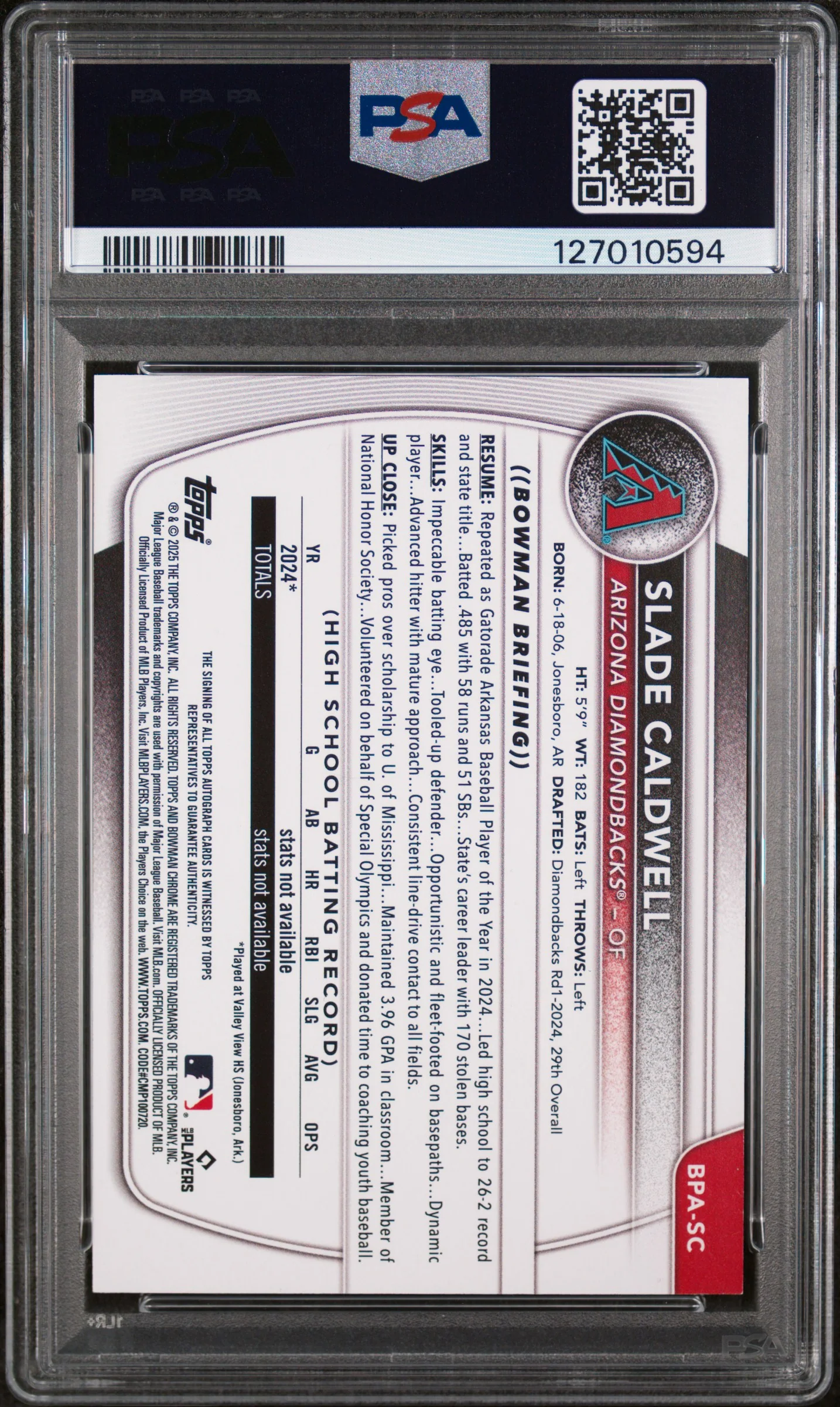 2025 Bowman Bowman Prospect Autographs Orange Slade Caldwell #BPASC /25 PSA 8 - Image 2