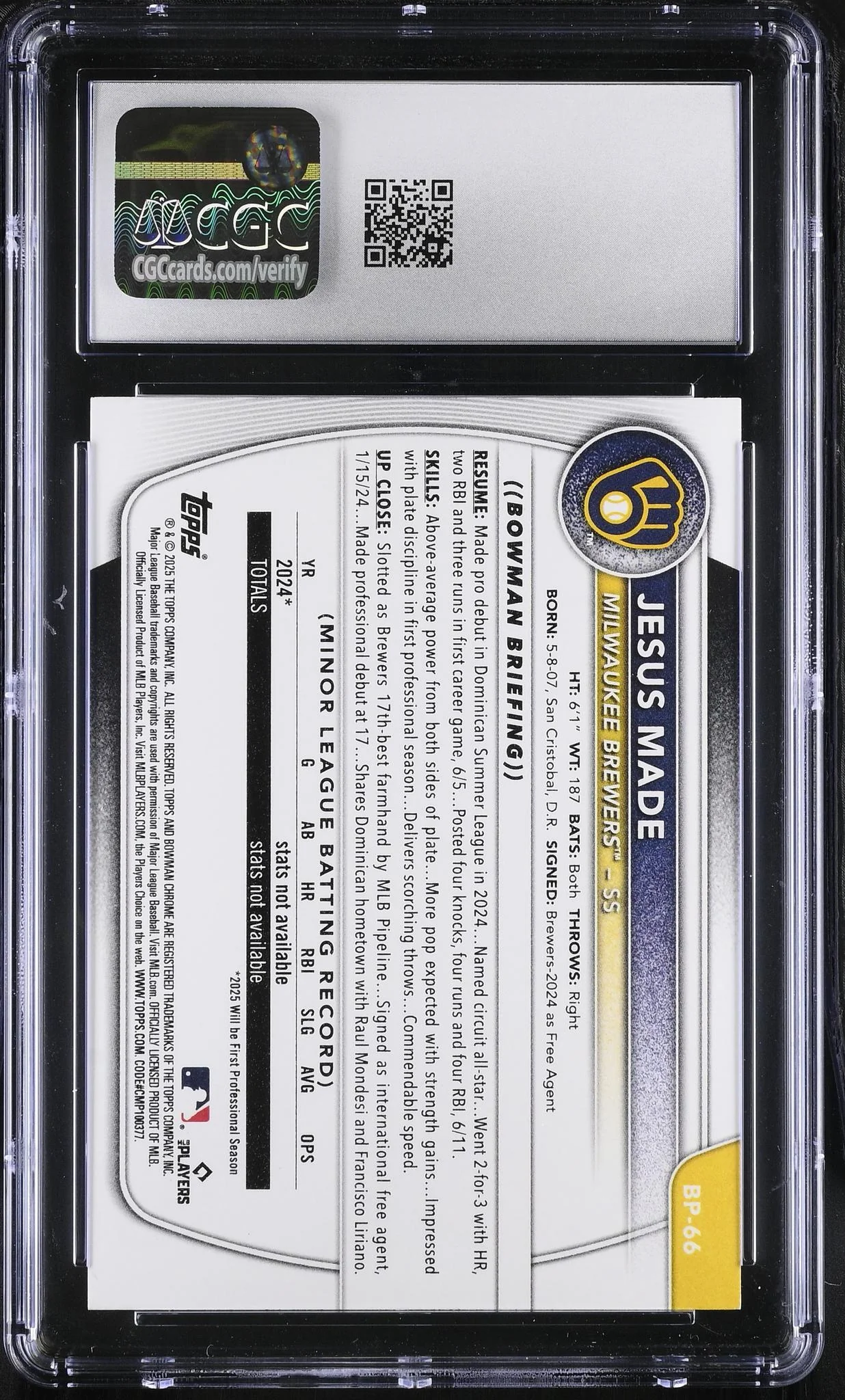 2025 Bowman #BP-66 Jesus Made Prospects CGC 10 - Image 2