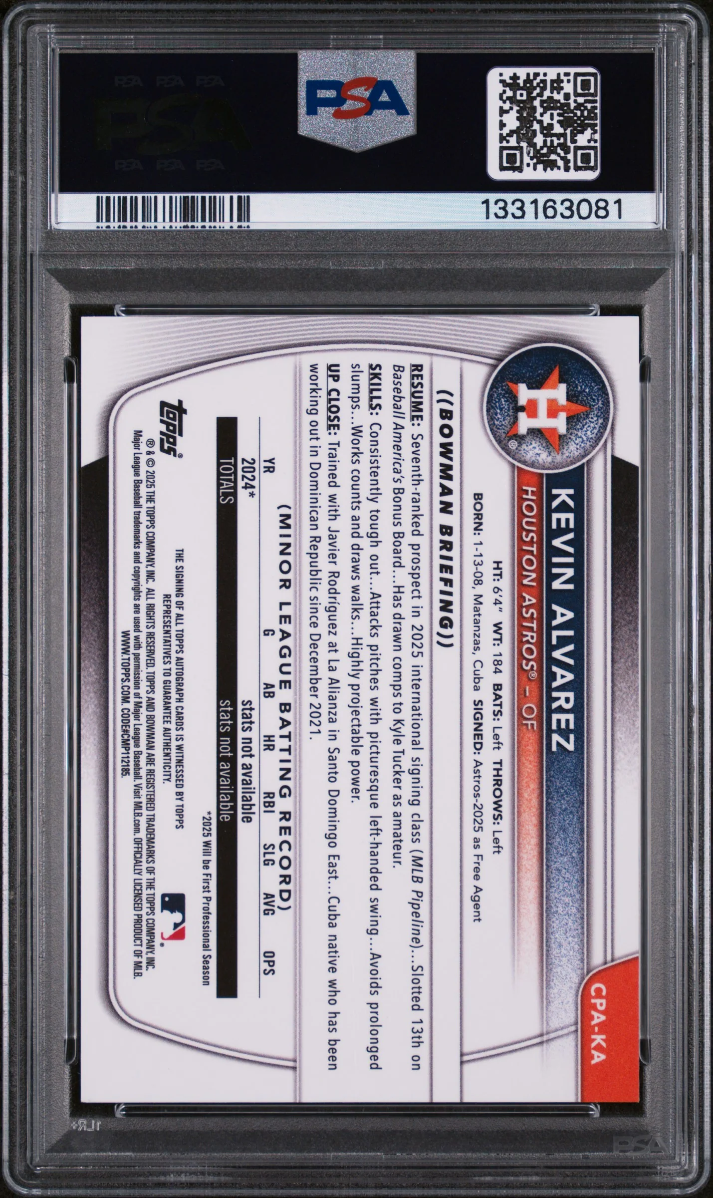 2025 Bowman Chrome Autograph Kevin Alvarez #CPA-KA PSA 9 - Image 2