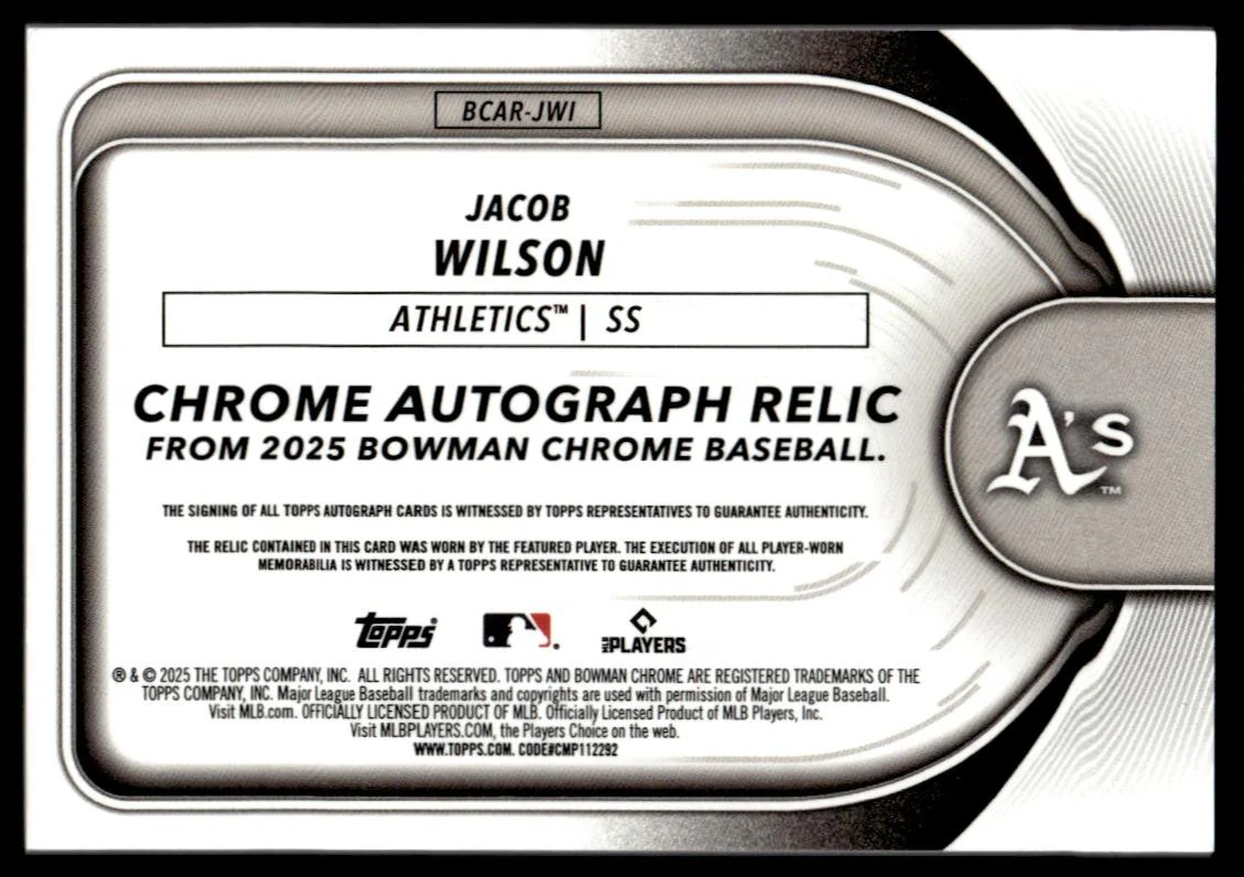 2025 Bowman Chrome BCAR-JWI Jacob Wilson Chrome Autograph Relic Rookie /25 VG Athletics - Image 2