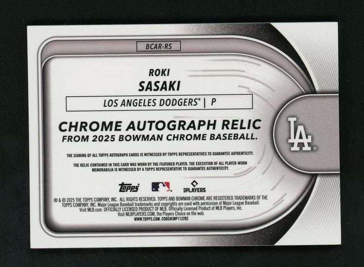 2025 Bowman Chrome BCAR-RS Roki Sasaki Chrome Autograph Relic Rookie /150 Los Angeles Dodgers - Image 2