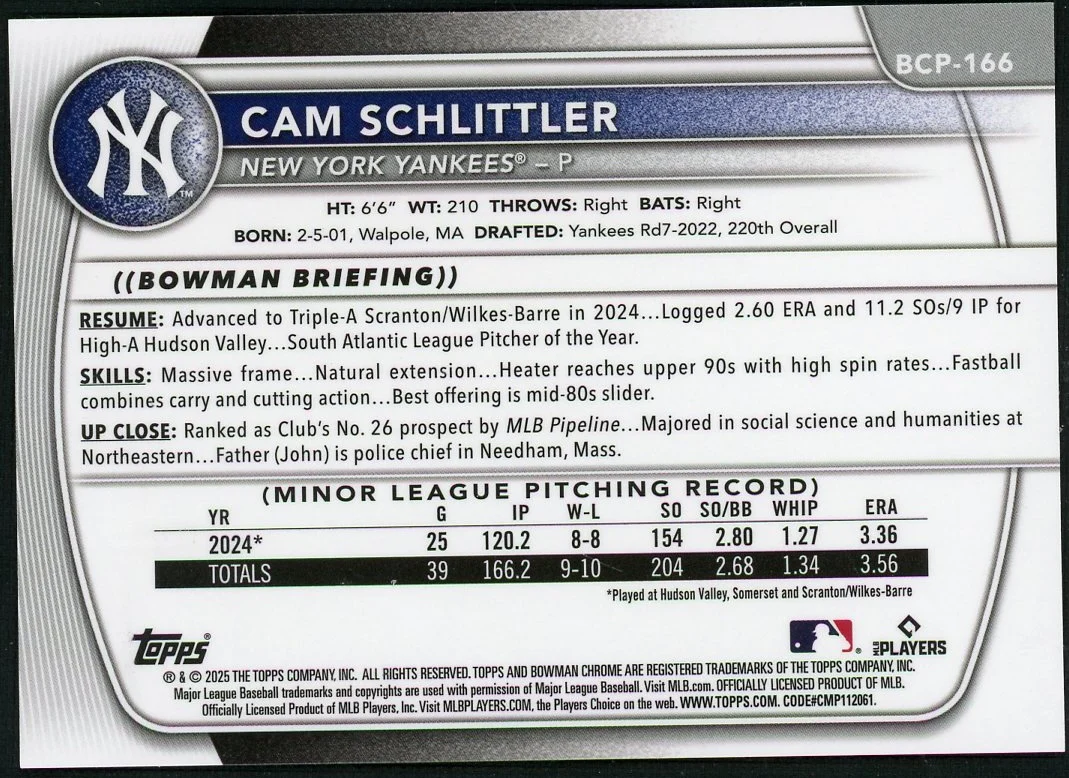 2025 Bowman Chrome BCP-166 Cam Schlittler Prospects Red Rookie /5 New York Yankees - Image 2