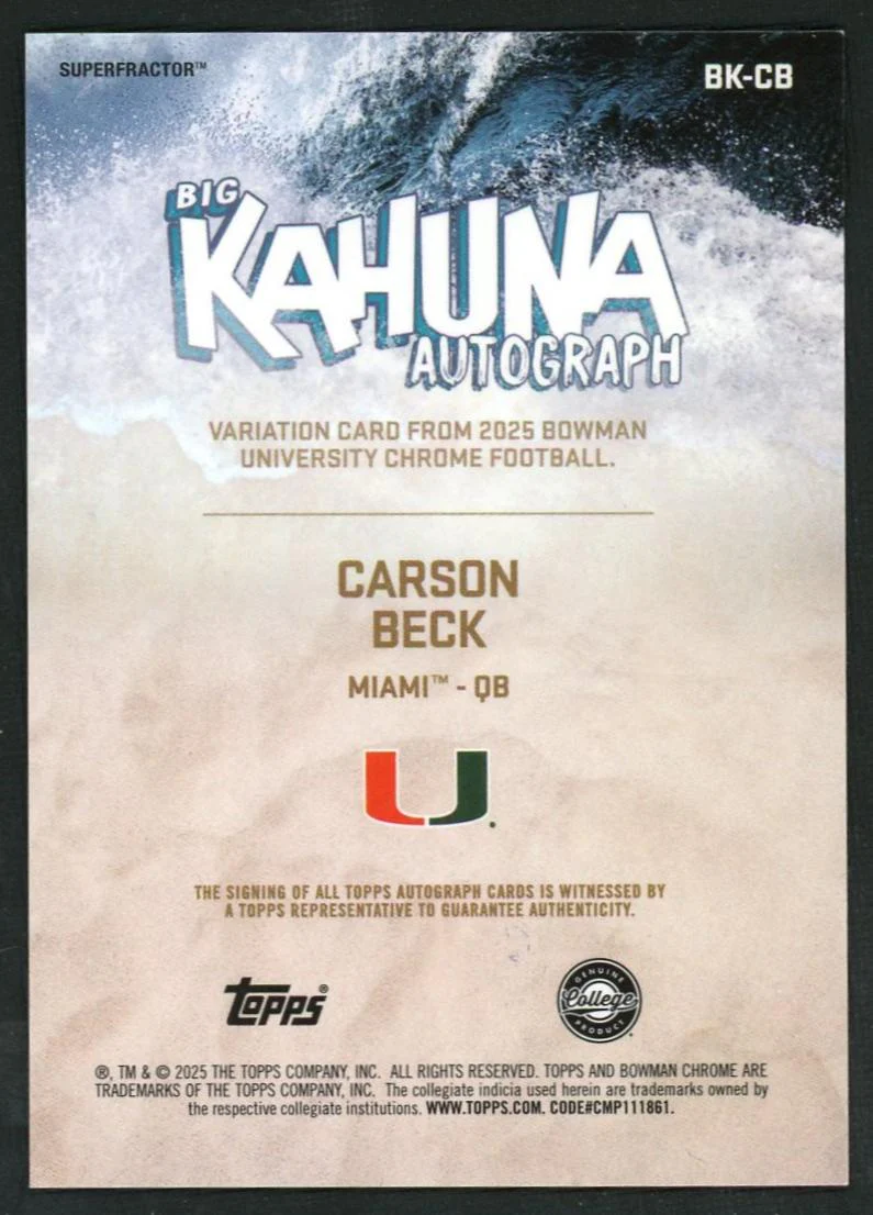 2025 Bowman Chrome BK-CB Carson Beck Big Kahuna Superfractor 1/1 VG Miami Auto - Image 2