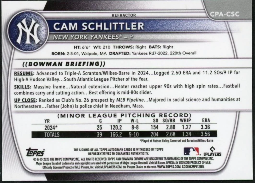 2025 Bowman Chrome Cam Schlittler Auto Refractor 1st Prospect #/499 - Image 2