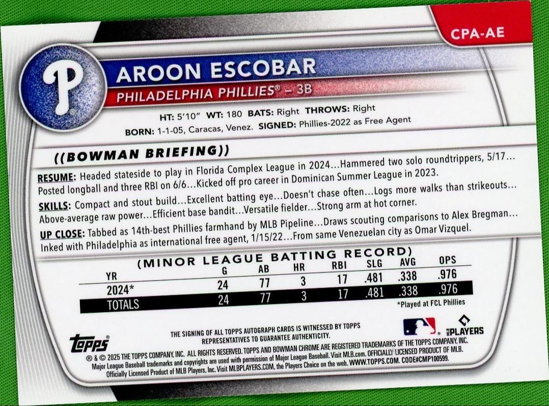 2025 Bowman Chrome CPA-AE Aroon Escobar Prospects Orange Rookie /25 VG Philadelphia Phillies Auto - Image 2