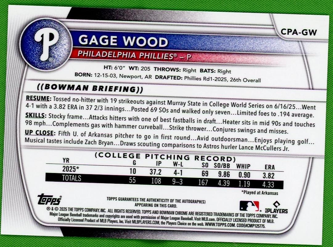 2025 Bowman Chrome CPA-GW Gage Wood Prospects Rookie /50 VG Philadelphia Phillies Auto - Image 2