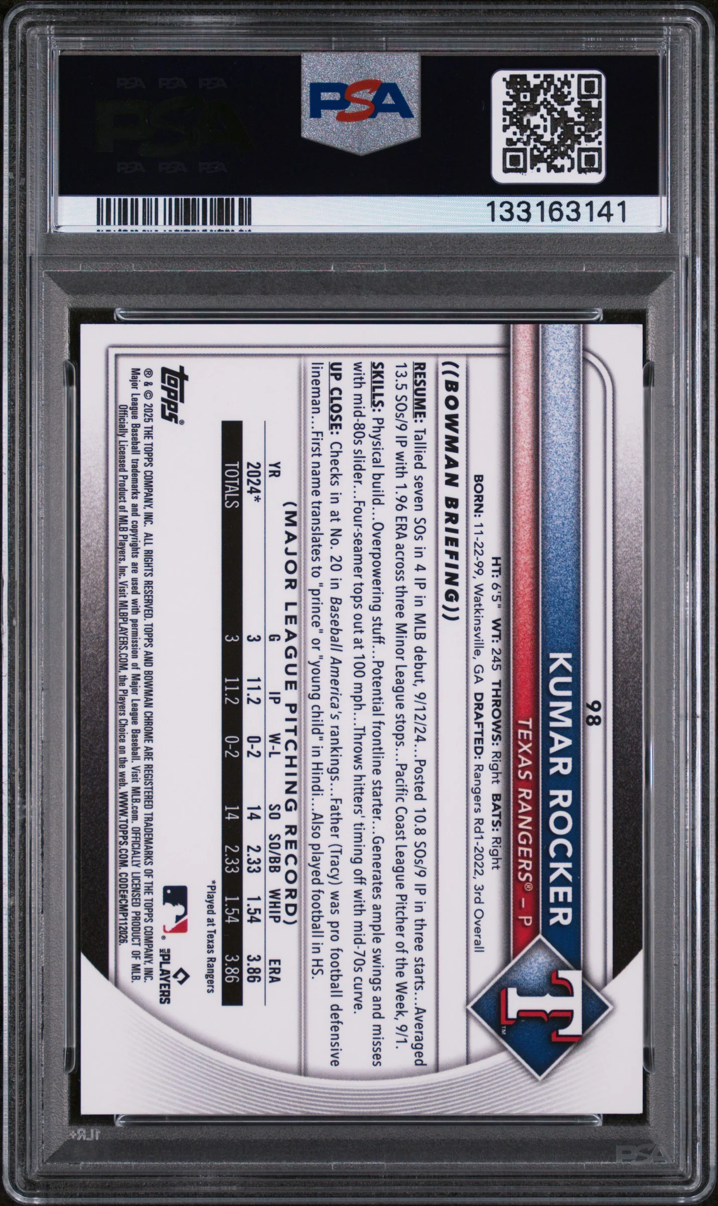 2025 Bowman Chrome Gold Geometric Kumar Rocker #98 /50 PSA 9 - Image 2