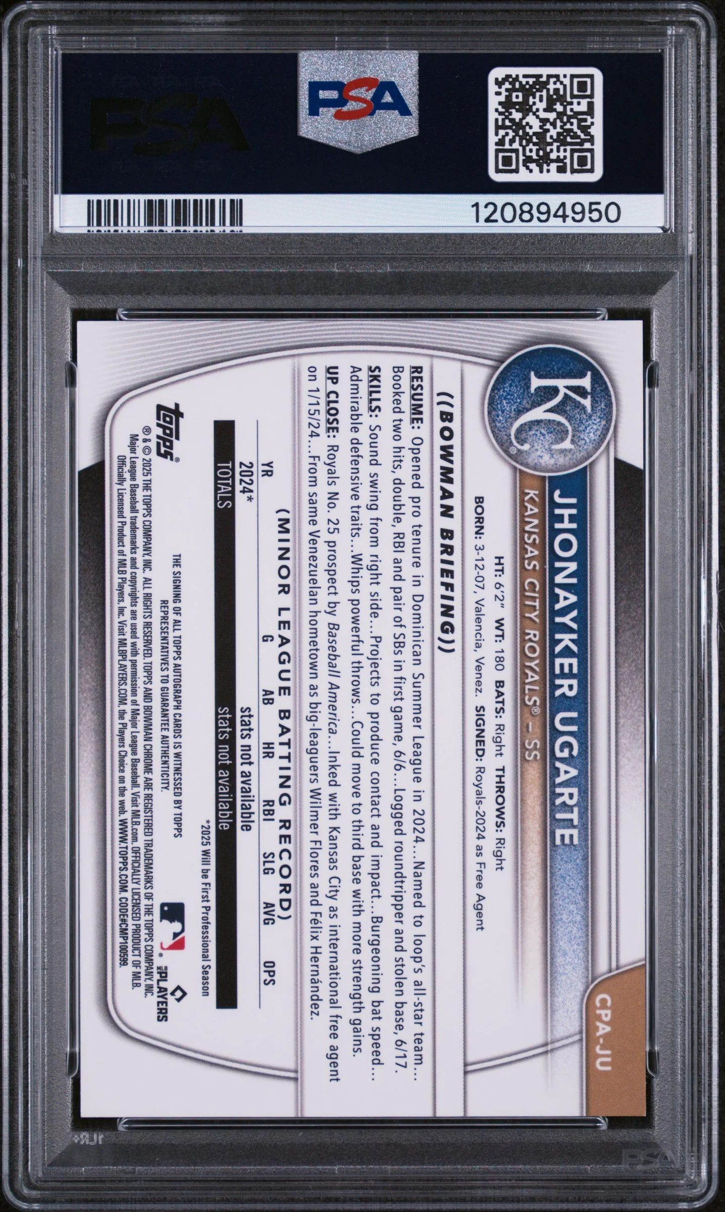 2025 Bowman Chrome Green Grass Jhonayker Ugarte #CPA-JU Auto /99 PSA 10 - Image 2