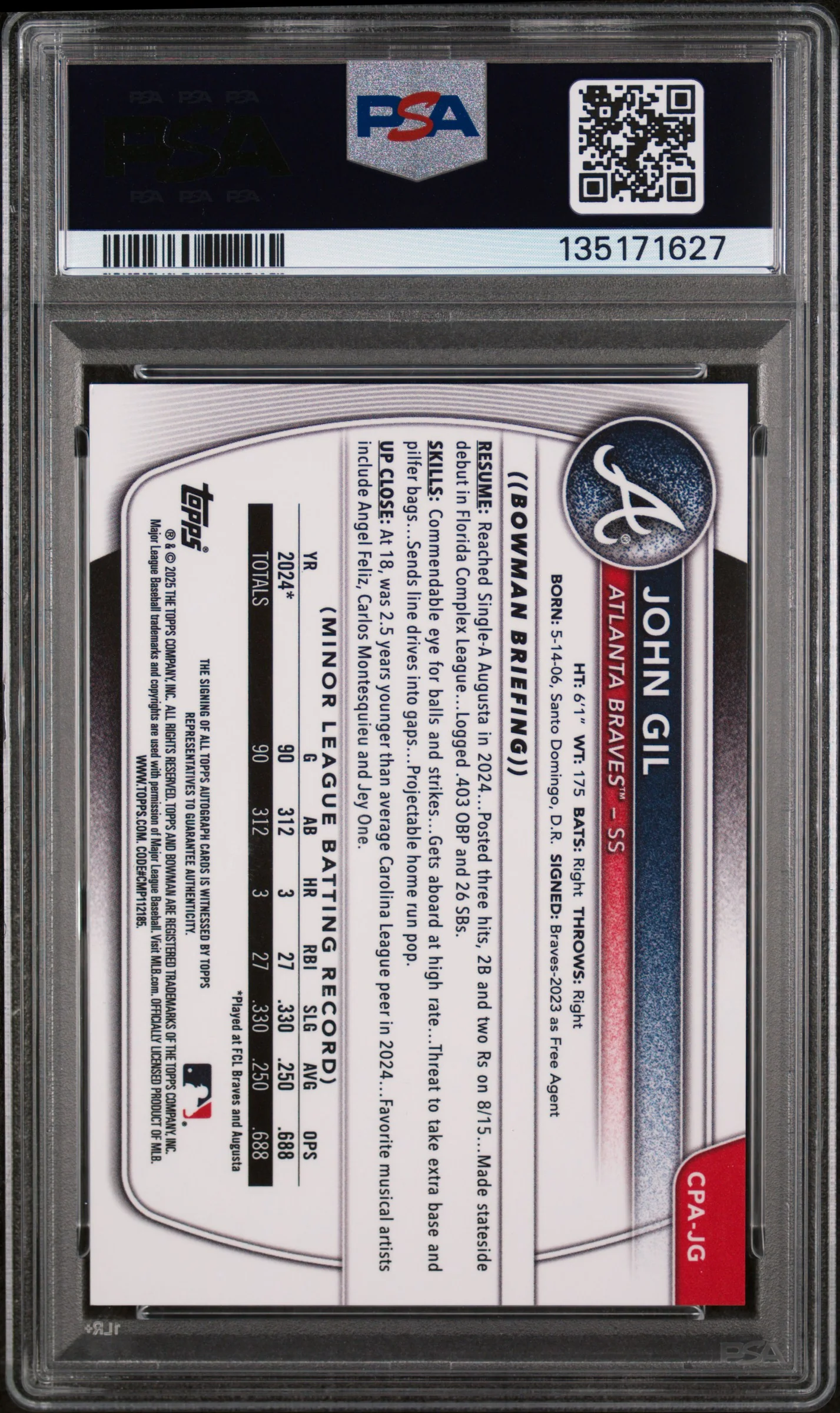 2025 Bowman Chrome John Gill #CPA-JG PSA 9 - Image 2