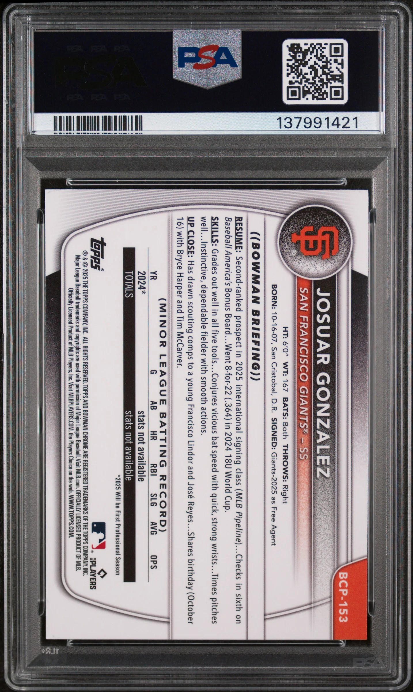 2025 Bowman Chrome Mega Box Chrome Prospects Blue Refractor Josuar Gonzalez #153 /150 PSA 8 - Image 2