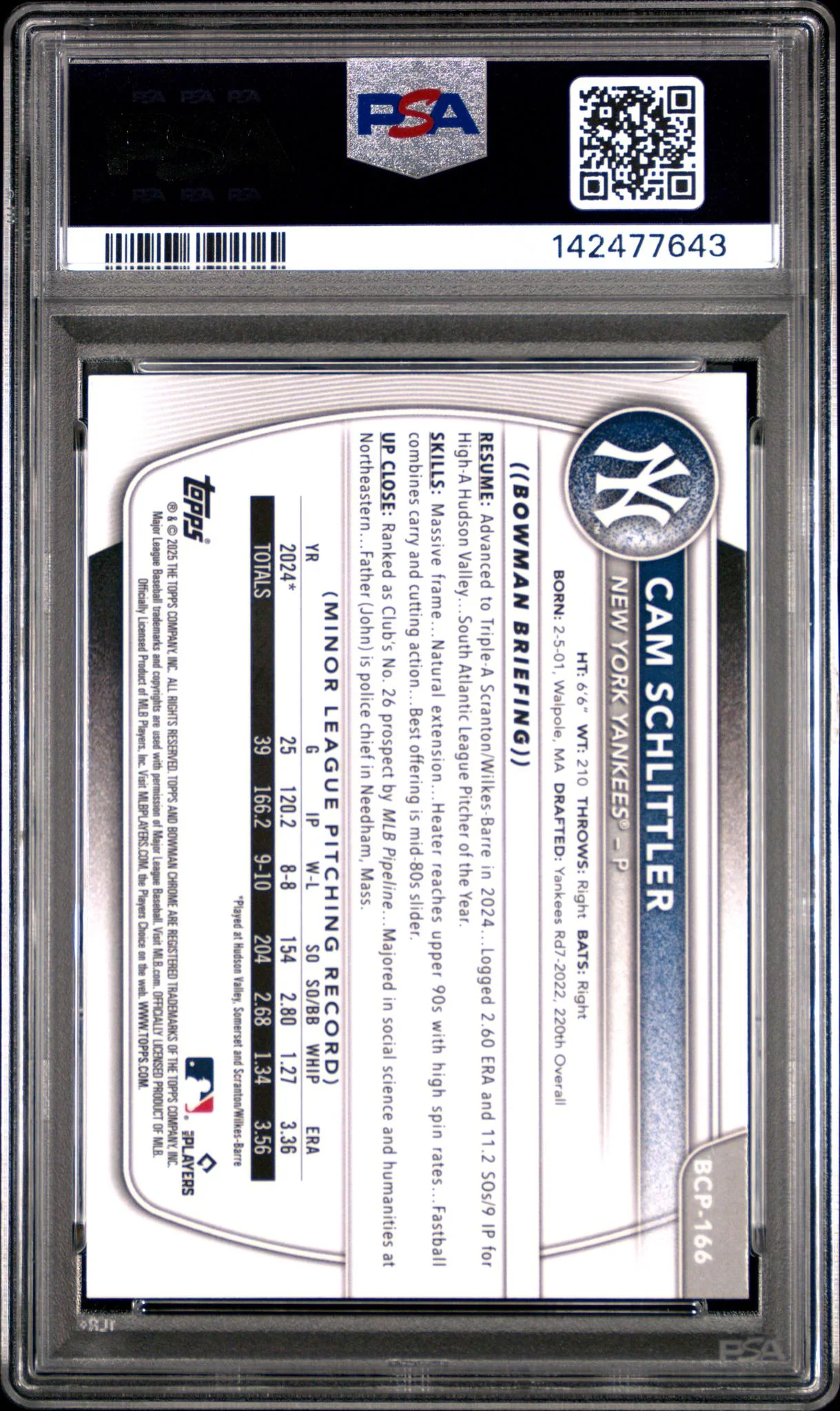 2025 Bowman Chrome Mega Box Chrome Prospects Cam Schlittler #166 PSA 10 - Image 2