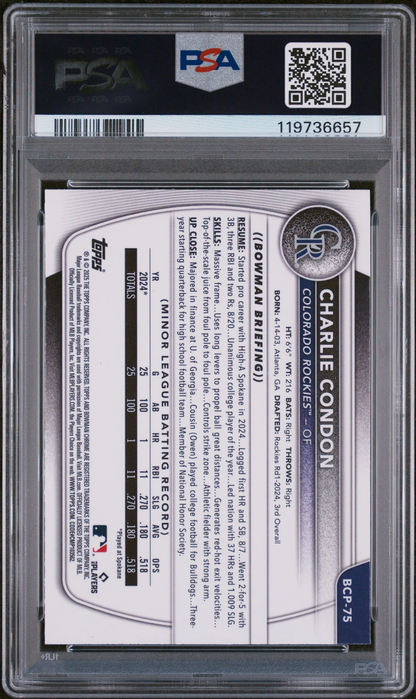 2025 Bowman Chrome Mega Box Mojo Refractor Charlie Condon #BCP-75 PSA 9 - Image 2