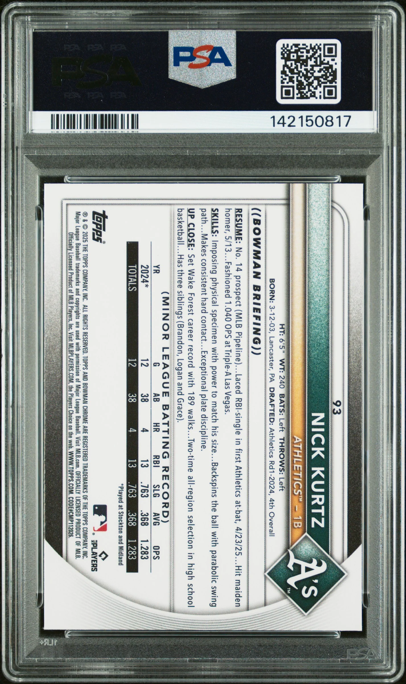 2025 Bowman Chrome Nick Kurtz #93 PSA 10 - Image 2