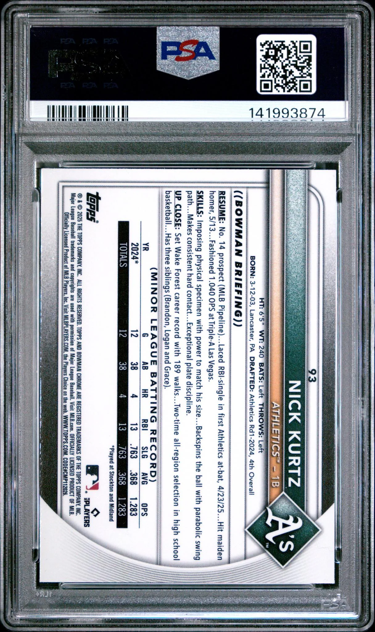 2025 Bowman Chrome Nick Kurtz #93 PSA 10 - Image 2
