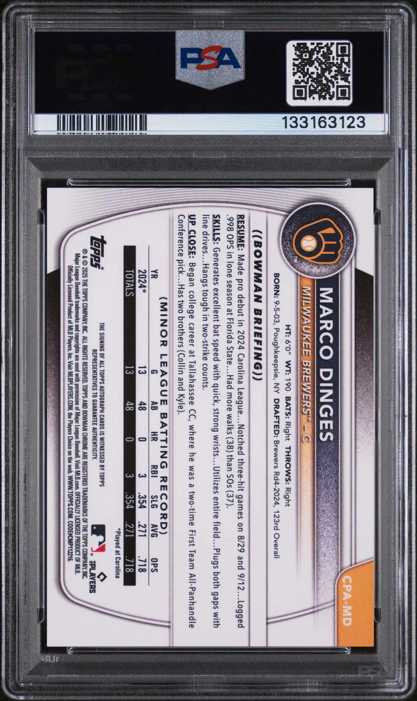 2025 Bowman Chrome Prospect Autograph Blue Refractor Marco Dinges #CPAMD /150 PSA 9 - Image 2