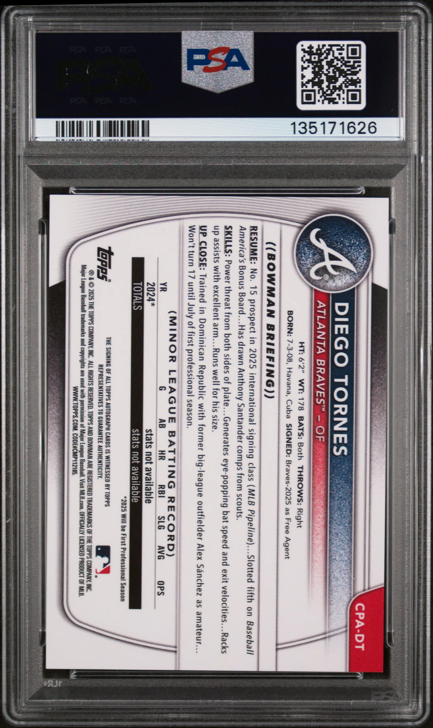 2025 Bowman Chrome Prospect Autograph Diego Tornes #CPADT PSA 9 - Image 2