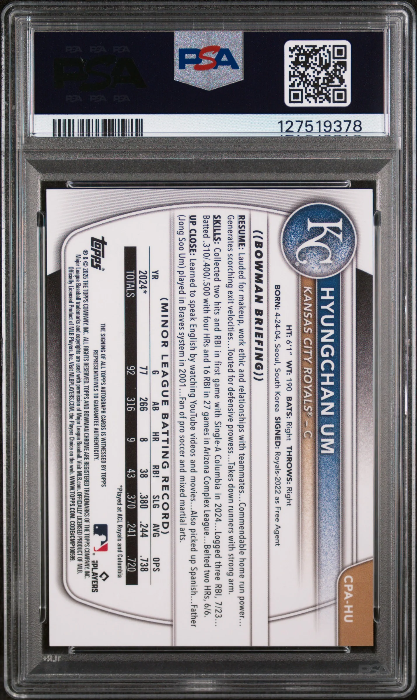 2025 Bowman Chrome Prospect Autograph Gold Shimmer Refractor Hyungchan Um #CPAHU /50 PSA 9 - Image 2