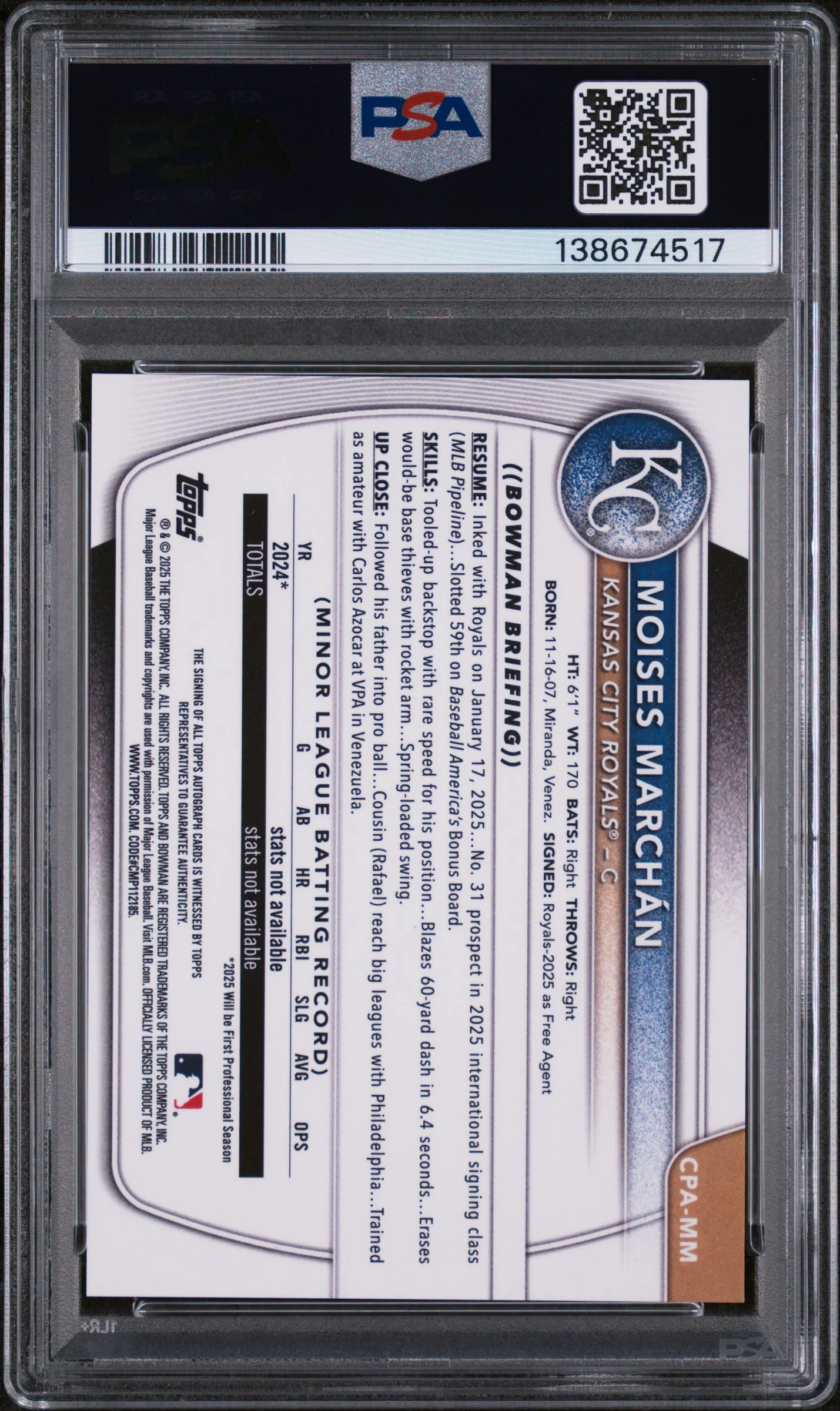 2025 Bowman Chrome Prospect Autograph Green Lava Refractor Moises Marchan #CPAMM /99 PSA 8 - Image 2