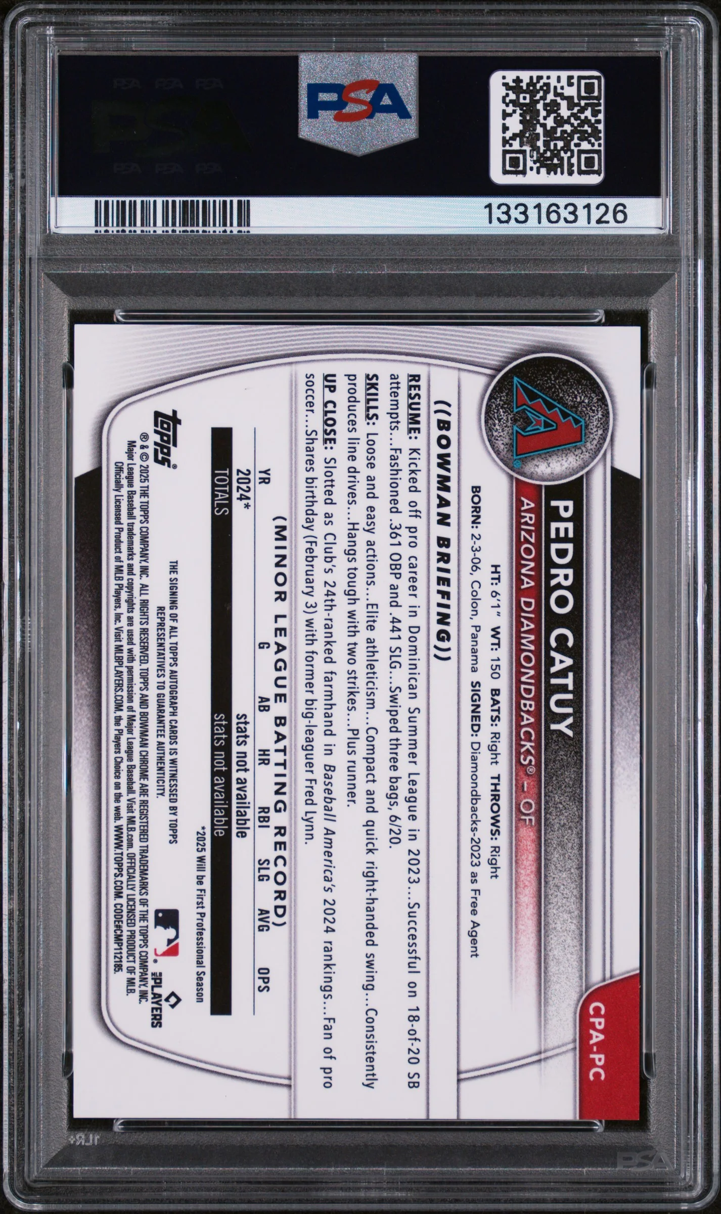 2025 Bowman Chrome Prospect Autograph Green Lava Refractor Pedro Catuy #CPAPC /99 PSA 10 - Image 2