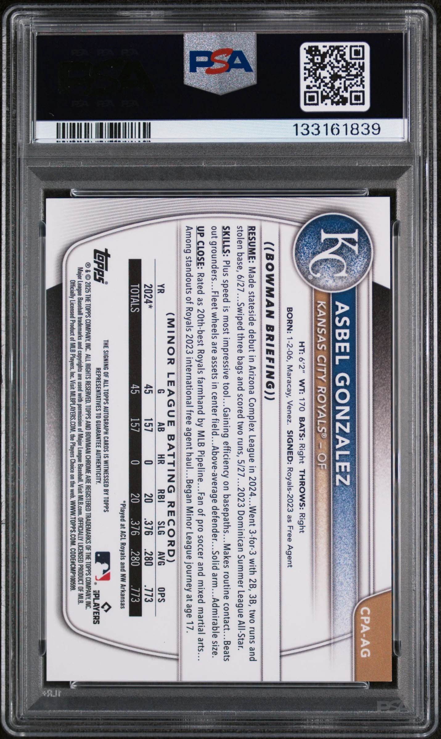 2025 Bowman Chrome Prospect Autograph Green Refractor Asbel Gonzalez #CPAAG /99 PSA 9 - Image 2
