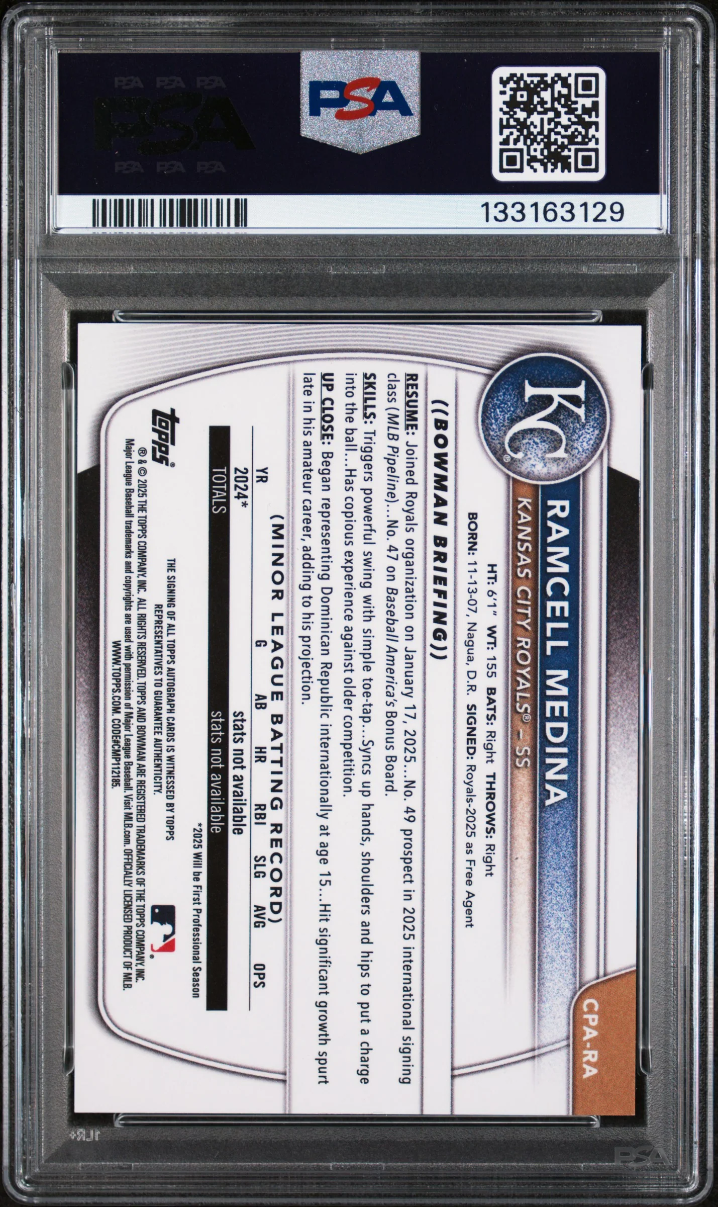 2025 Bowman Chrome Prospect Autograph Green Refractor Ramcell Medina #CPARA /99 PSA 7 - Image 2