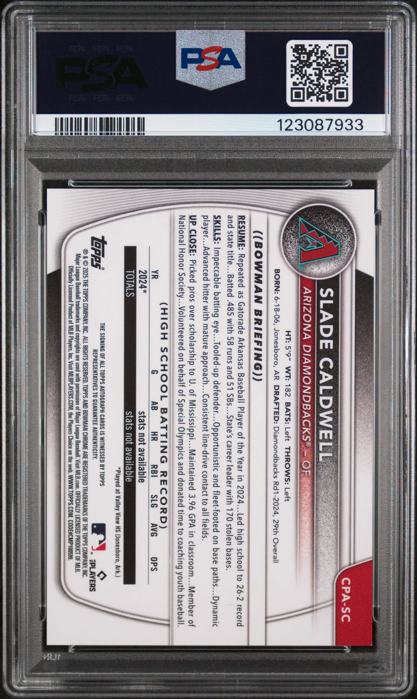 2025 Bowman Chrome Prospect Autograph Green Shimmer Refractor Slade Caldwell #CPASC PSA 9 - Image 2