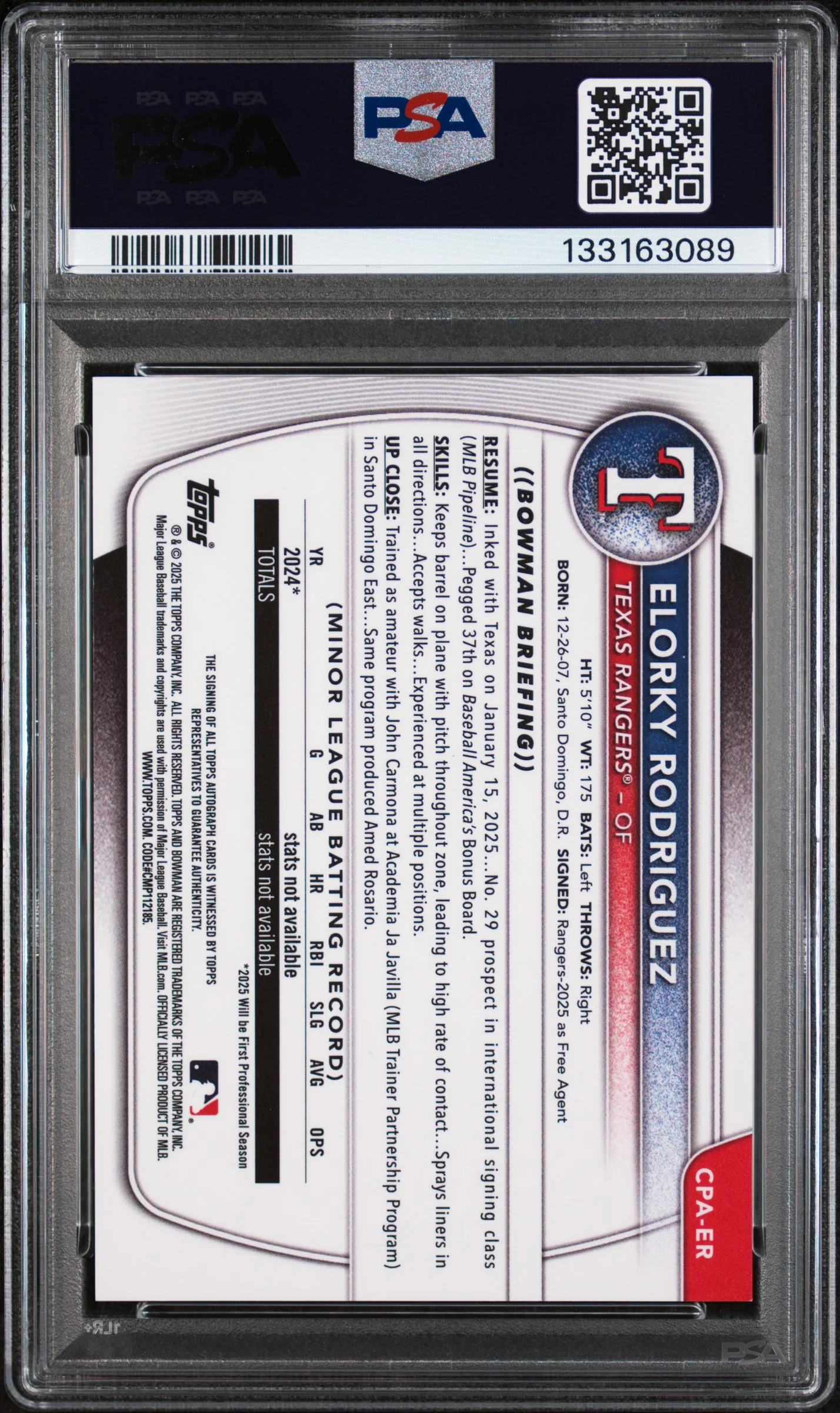 2025 Bowman Chrome Prospect Autograph Hta Choice Refractor Elorky Rodriguez #CPAER /150 PSA 8 - Image 2