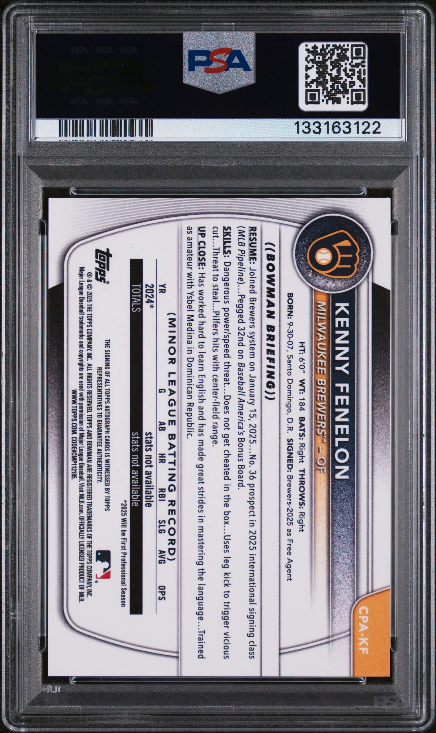 2025 Bowman Chrome Prospect Autograph Hta Choice Refractor Kenny Fenelon #CPAKF /150 PSA 10 - Image 2