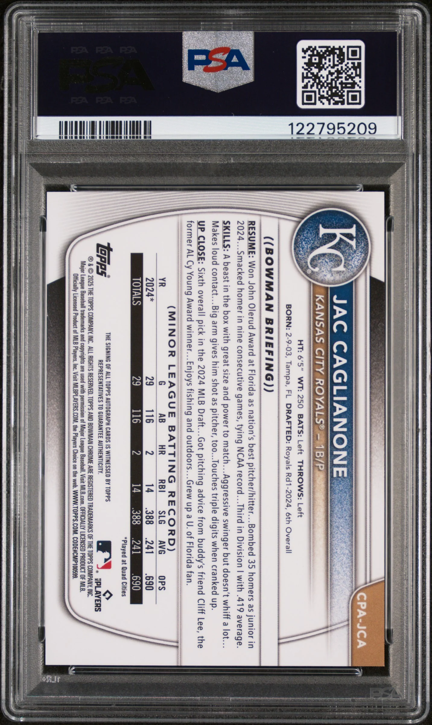2025 Bowman Chrome Prospect Autograph Jac Caglianone #CPA-JCA /18 PSA 9 - Image 2