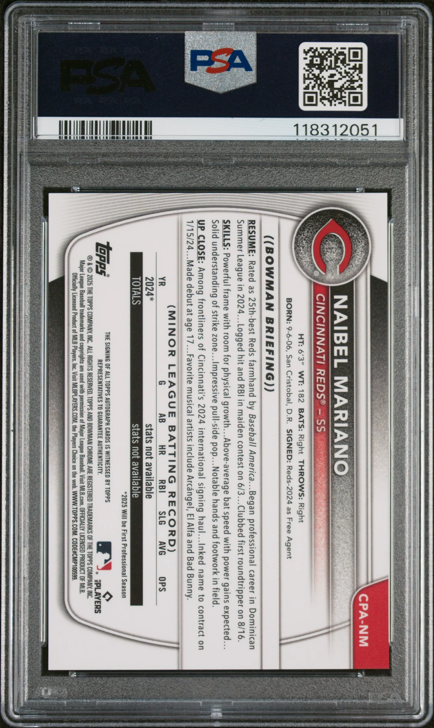 2025 Bowman Chrome Prospect Autograph Naibel Mariano #CPANM PSA 10 - Image 2
