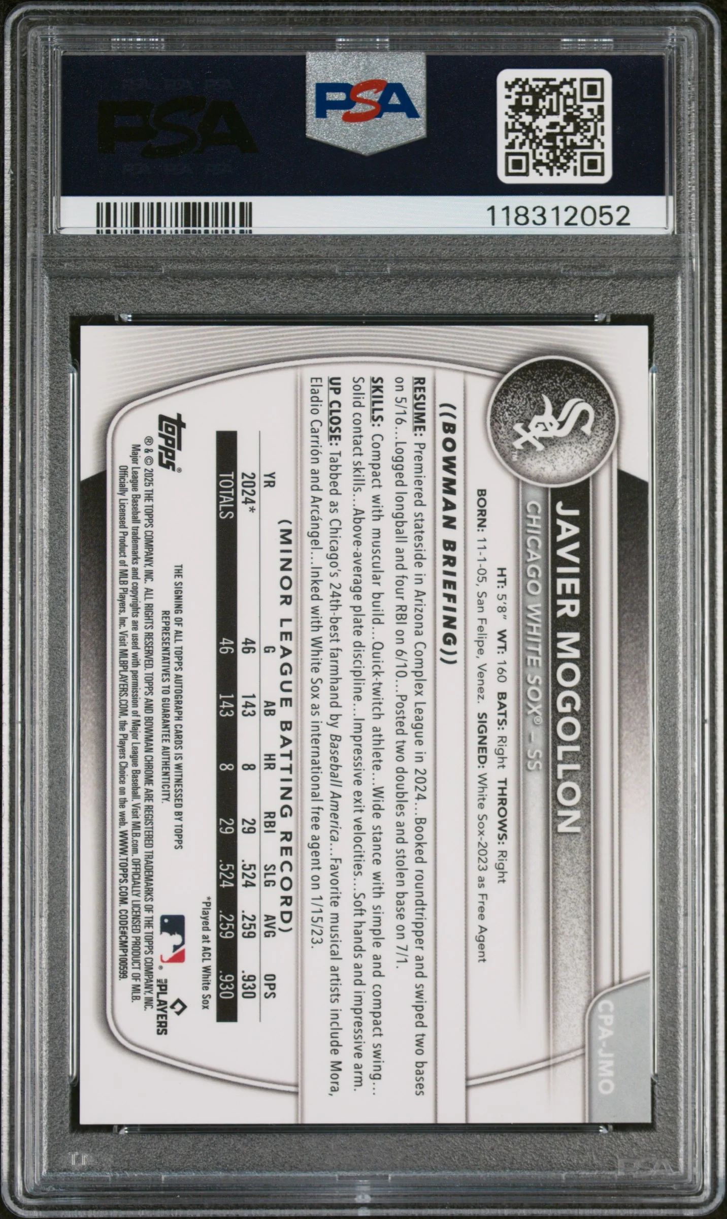 2025 Bowman Chrome Prospect Autograph Purple Refractor Javier Mogollon #CPAJMO /250 PSA 10 - Image 2