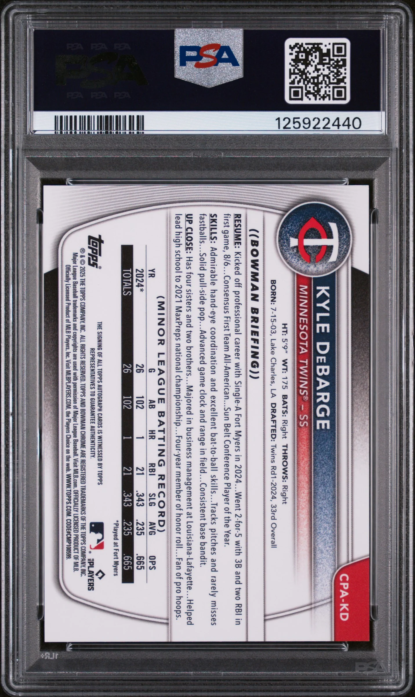 2025 Bowman Chrome Prospect Autograph Purple Refractor Kyle Debarge #CPAKD /250 PSA 9 - Image 2