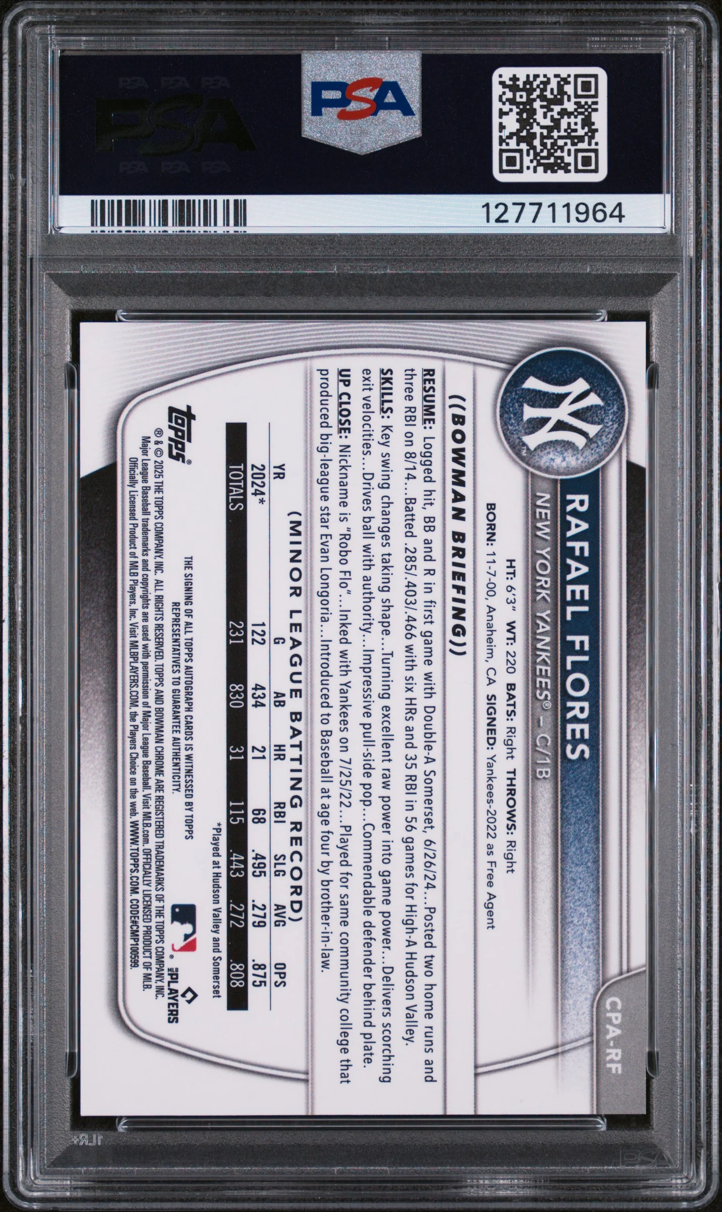 2025 Bowman Chrome Prospect Autograph Rafael Flores #CPARF PSA 9 - Image 2