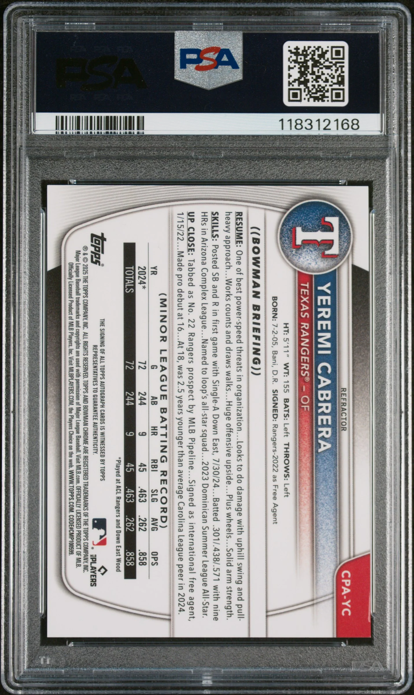 2025 Bowman Chrome Prospect Autograph Refractor Yeremi Cabrera #CPAYC /499 PSA 9 - Image 2