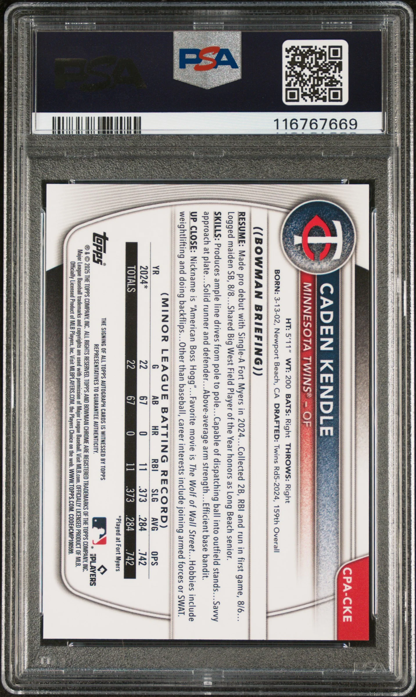 2025 Bowman Chrome Prospect Autograph Speckle Refractor Caden Kendle #CPACKE /299 PSA 9 - Image 2