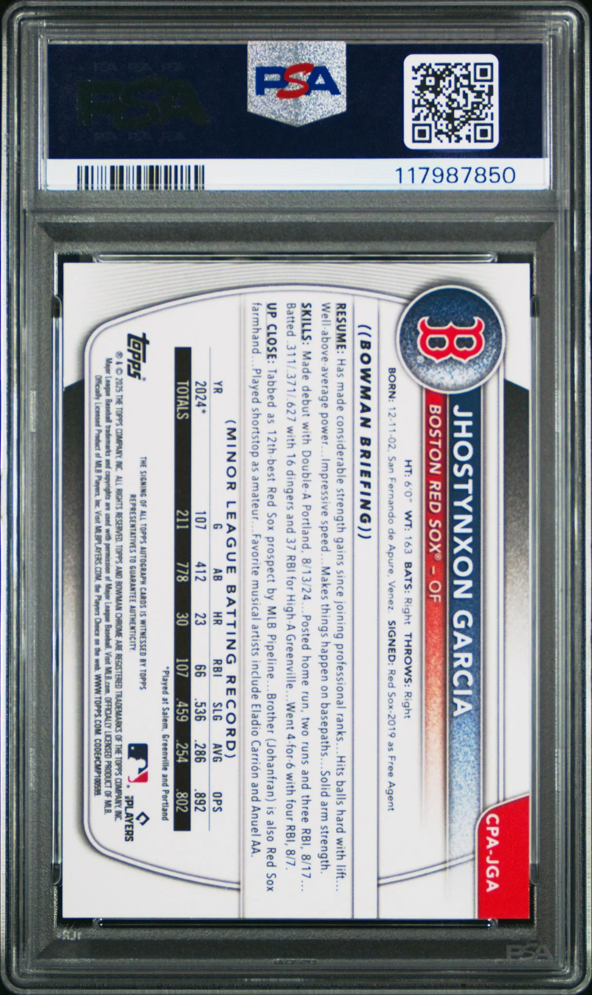 2025 Bowman Chrome Prospect Autographs Mini Diamond Jhostynxon Garcia #CPAJGA /100 PSA 10 - Image 2