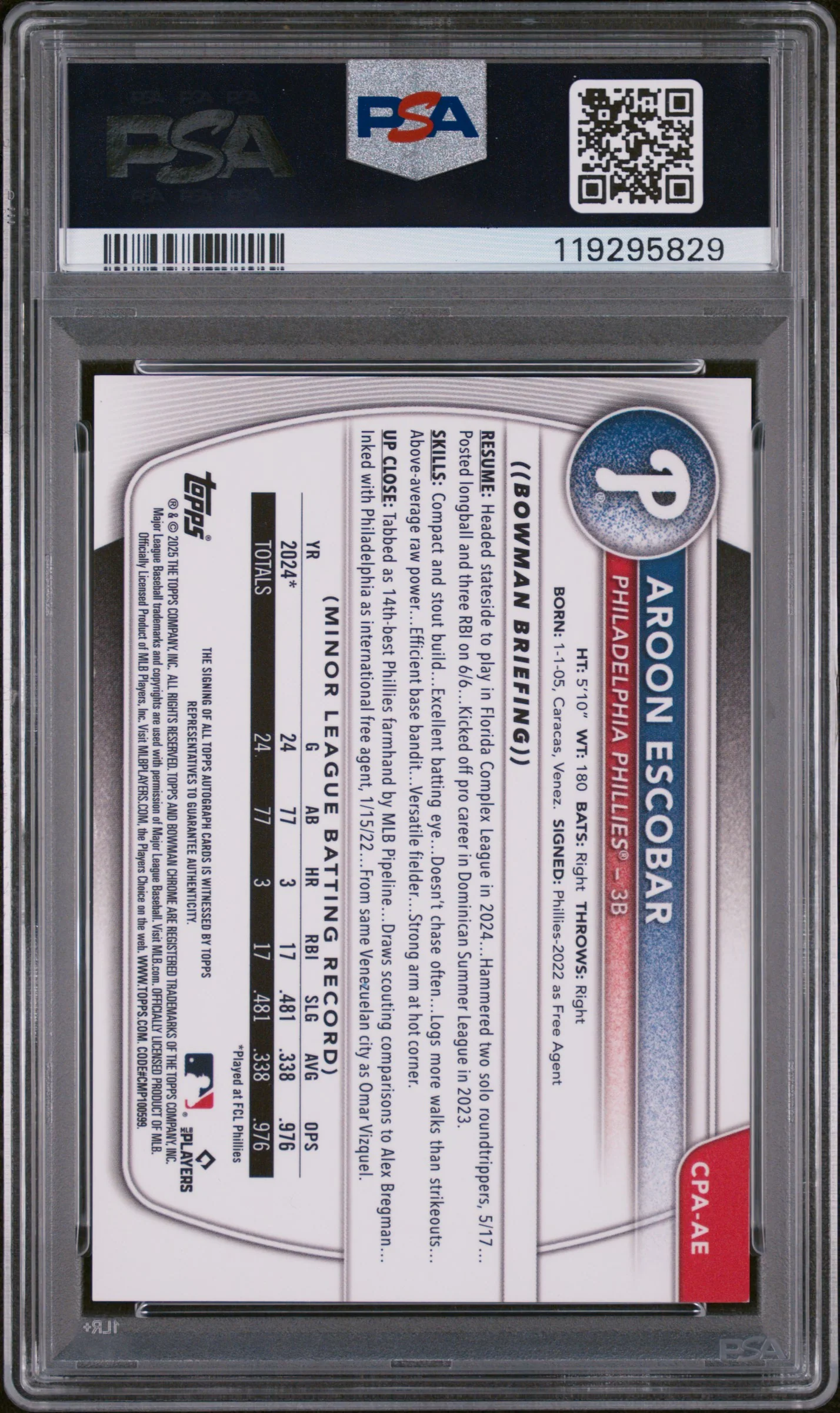 2025 Bowman Chrome Prospect Autographs Orange Wave Aroon Escobar #CPAAE /25 PSA 9 - Image 2