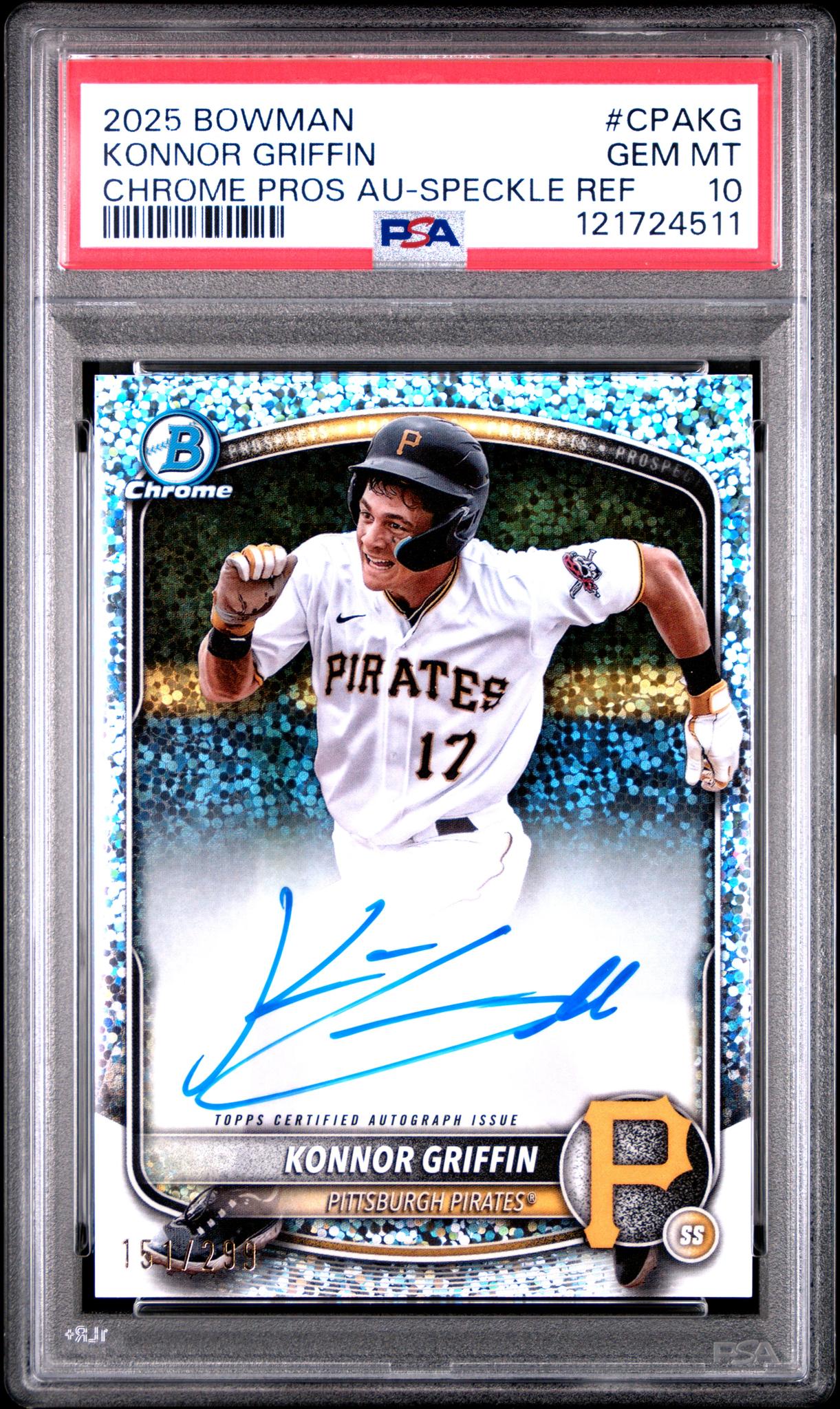 2025 Bowman Chrome Prospect Autographs Speckle Refractors Konnor Griffin #CPAKG /299 PSA 10
