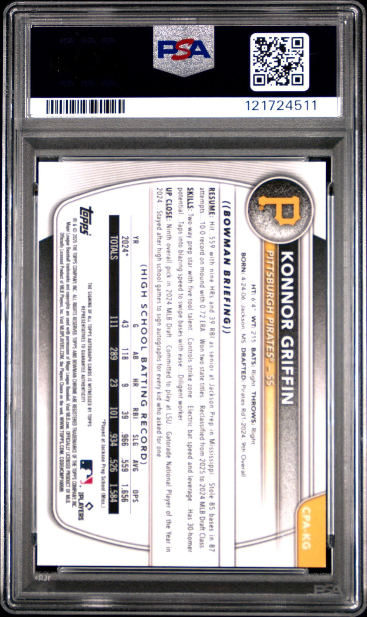 2025 Bowman Chrome Prospect Autographs Speckle Refractors Konnor Griffin #CPAKG /299 PSA 10 - Image 2