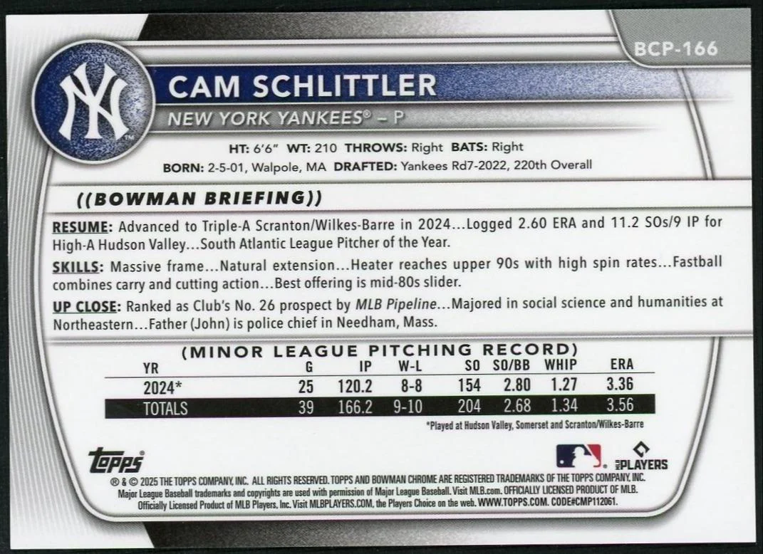 2025 Bowman Chrome Prospects BCP166 Cam Schlittler Orange Shimmer /25 - Image 2