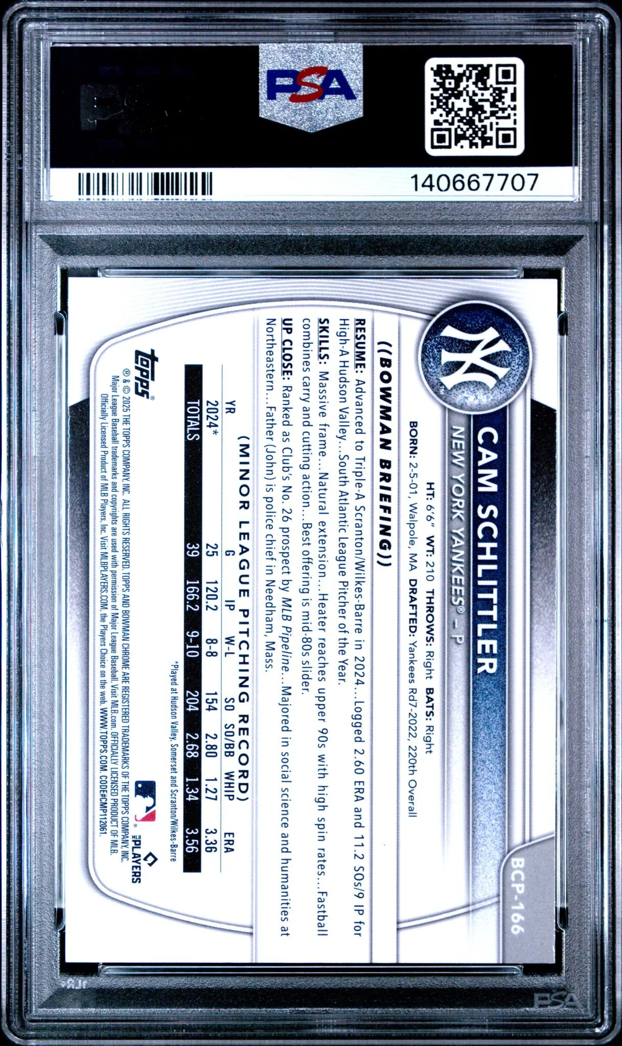 2025 Bowman Chrome Prospects Cam Schlittler #BCP-166 PSA 10 - Image 2