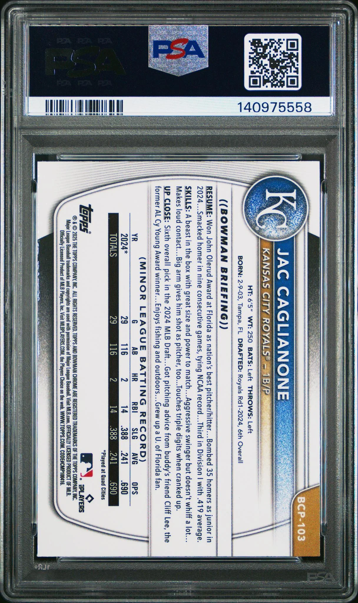 2025 Bowman Chrome Prospects Lava Refractor Jac Caglianone #BCP103 /399 PSA 9 - Image 2