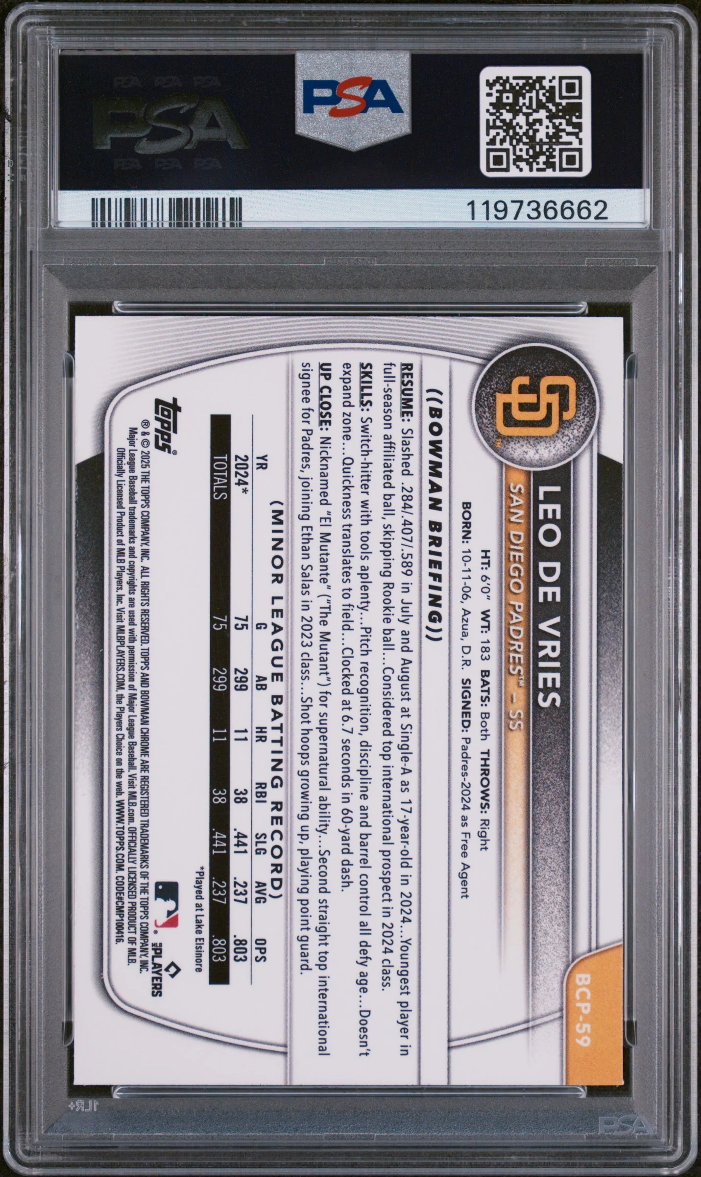 2025 Bowman Chrome Prospects Purple Geometric Leo De Vries #BCP59 /250 PSA 8 - Image 2