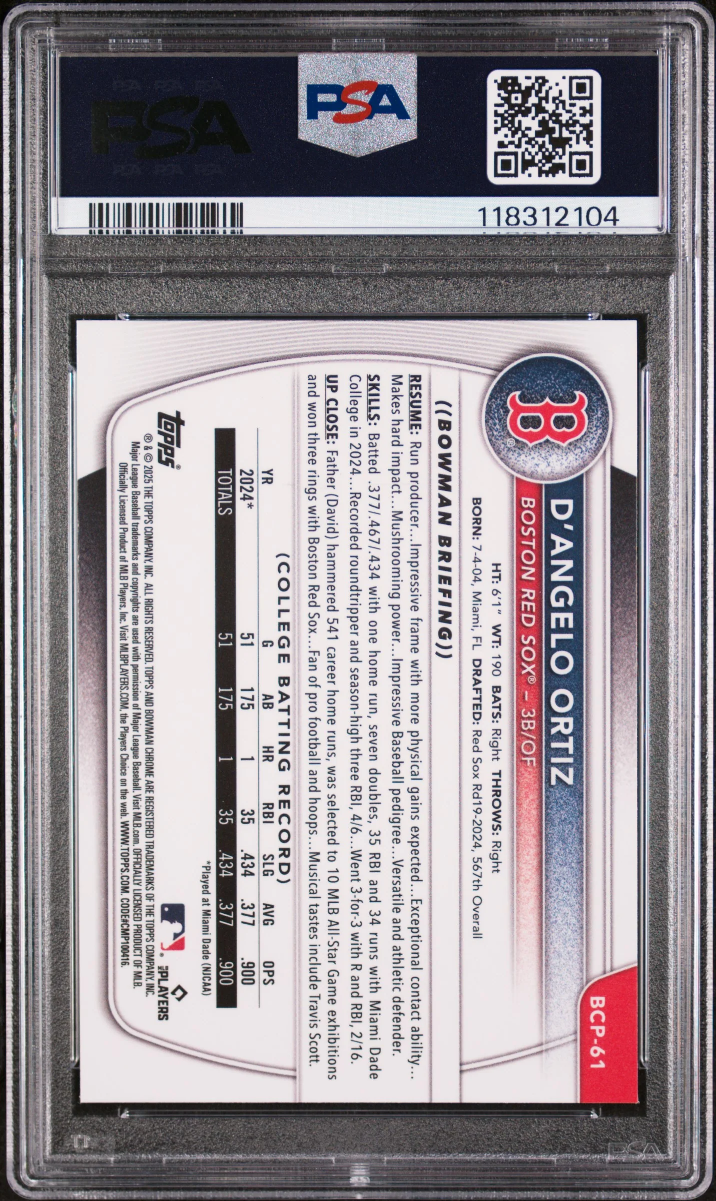 2025 Bowman Chrome Prospects Reptilian Refractor Angel Ortiz #BCP61 PSA 9 - Image 2