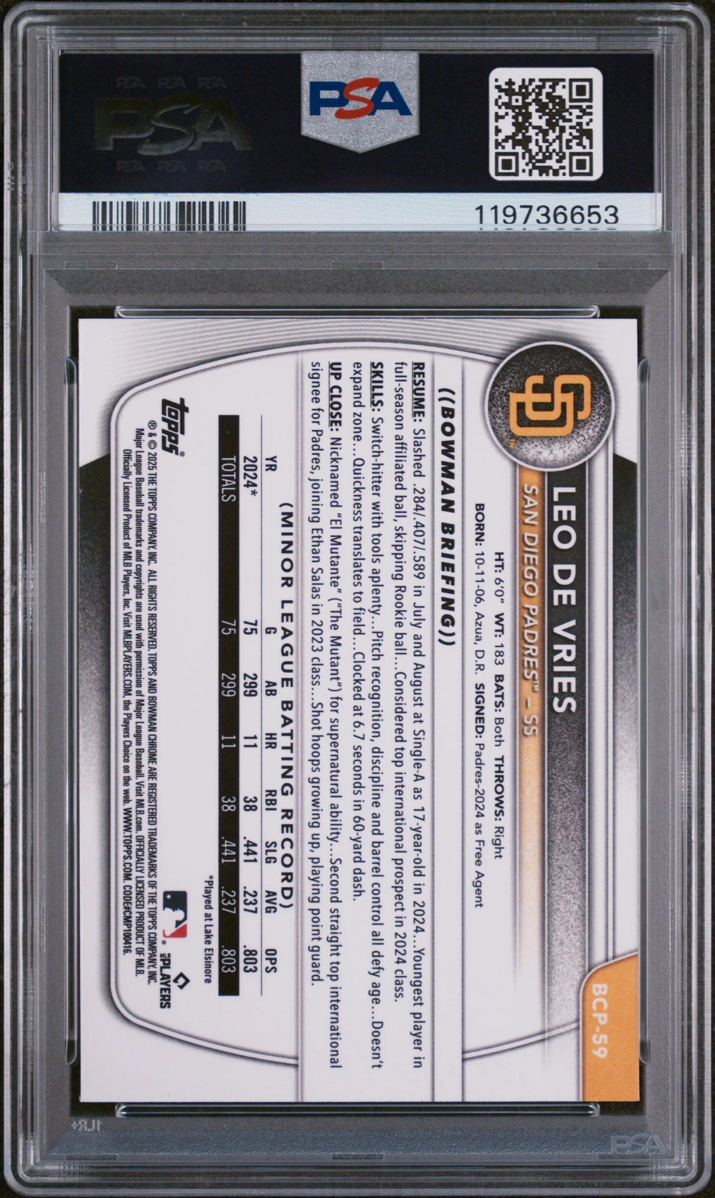 2025 Bowman Chrome Prospects Reptilian Refractor Leo De Vries #BCP59 PSA 9 - Image 2