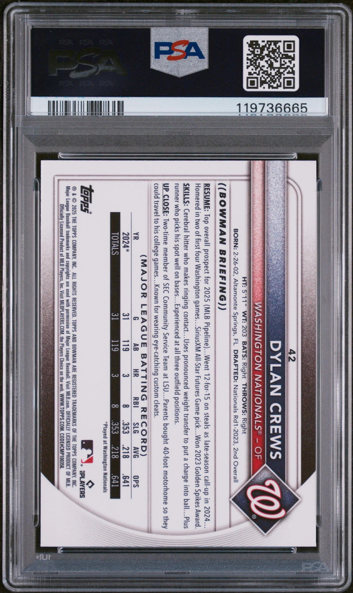 2025 Bowman Red Rookie Redemption Dylan Crews #42 PSA 10 - Image 2