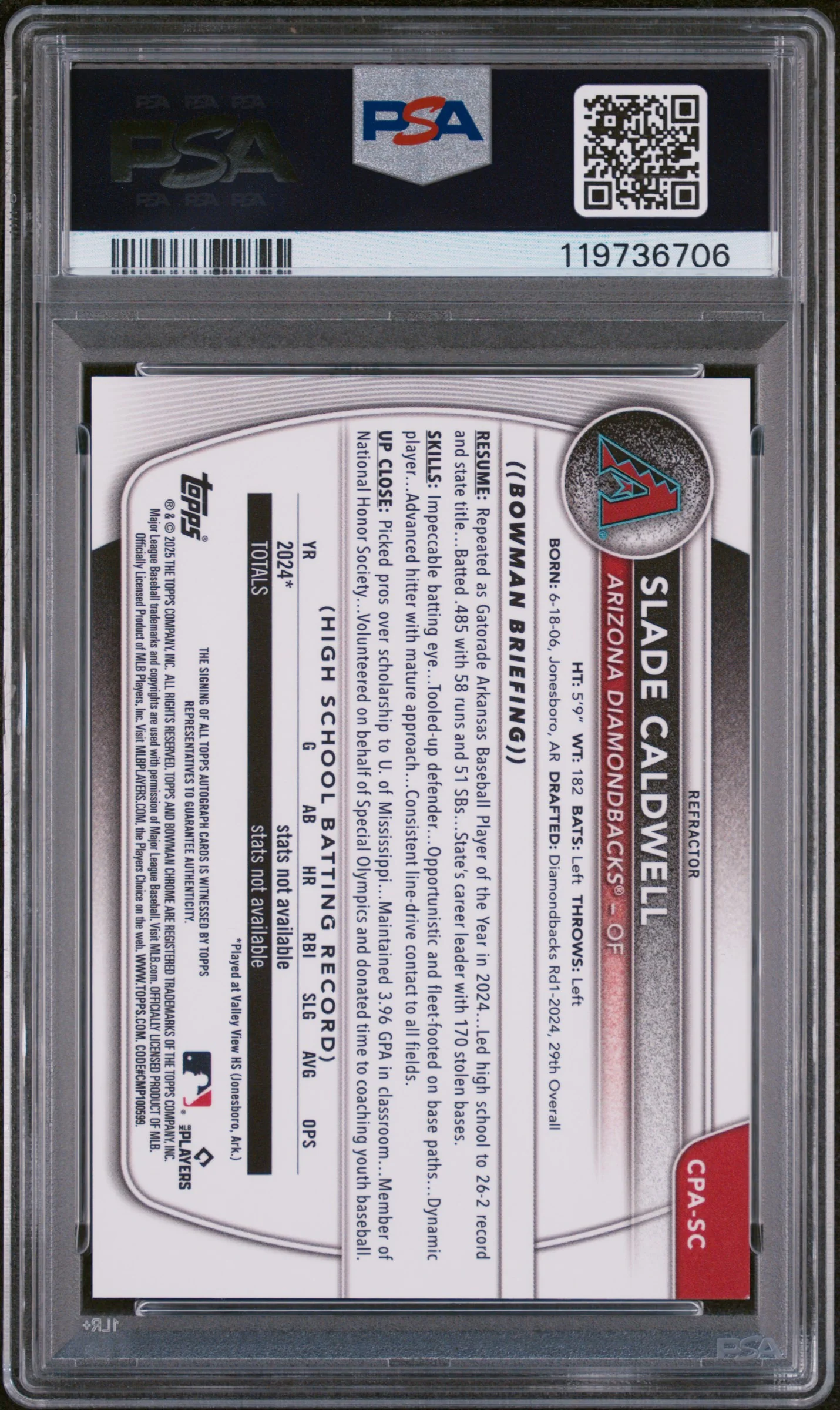 2025 Bowman Chrome Refractor Slade Caldwell #CPA-SC Auto /499 PSA 9 - Image 2