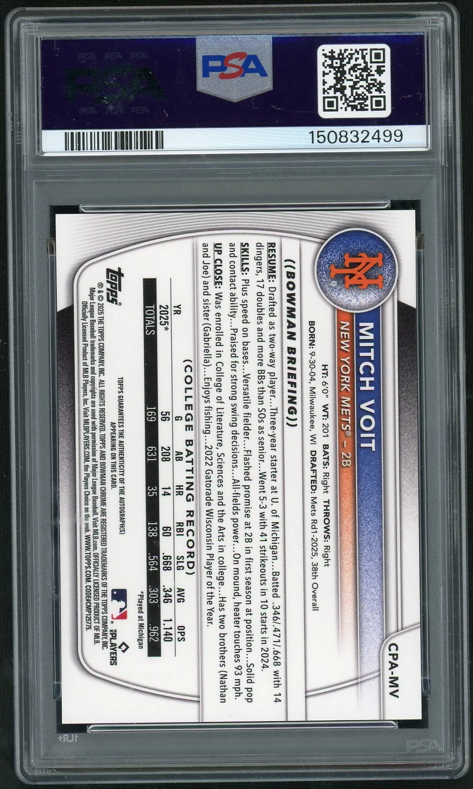 2025 Bowman Draft Chrome Prospect Autographs Peanuts Mitch Voit #CPA-MV /5 PSA 10 - Image 2