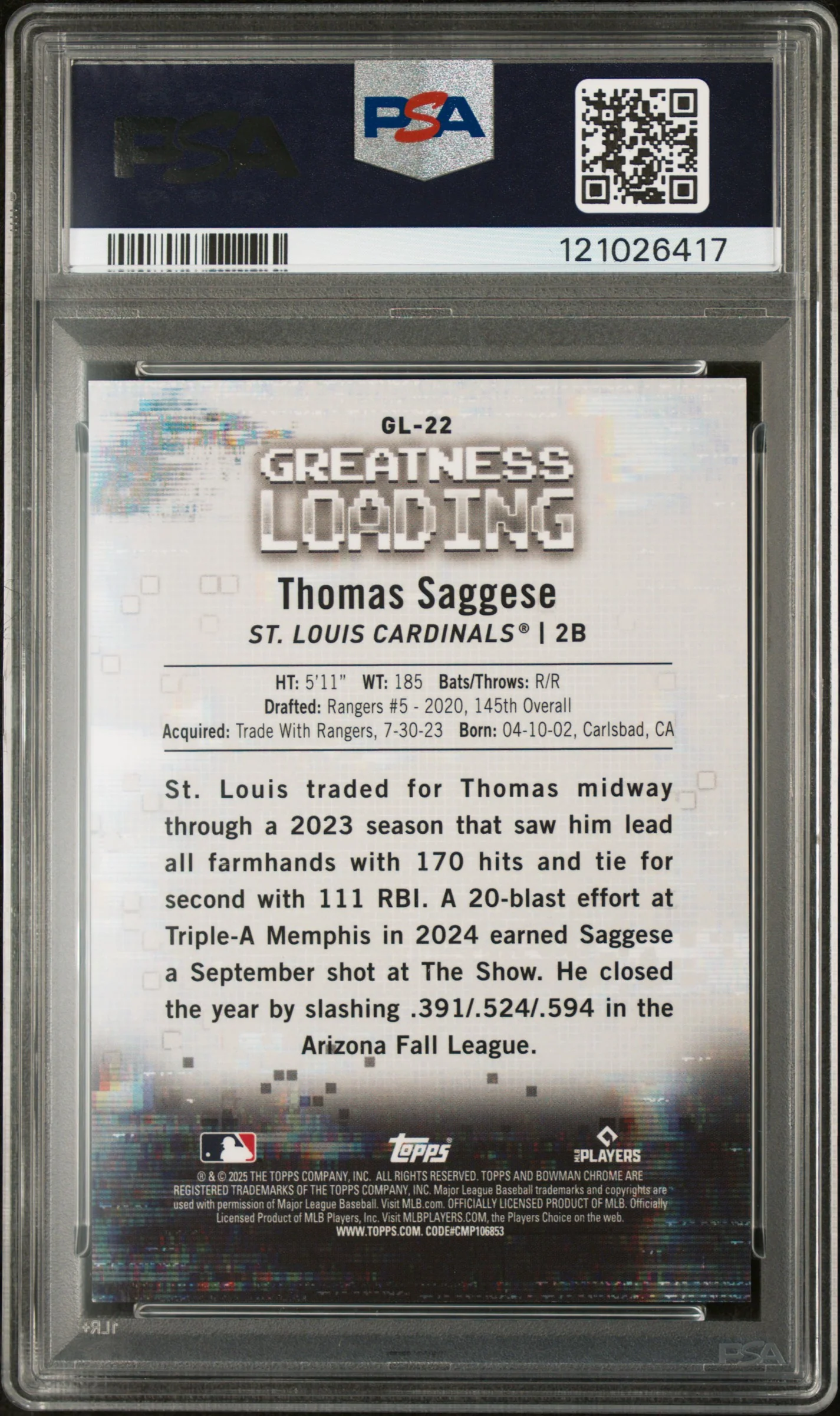 2025 Bowman #GL22 Thomas Saggese Greatness Loading /99 PSA 9 - Image 2